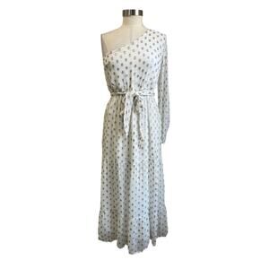 Lulus One Shoulder White & Gold Polka Dot Maxi Dress Grecian Goddess Size S